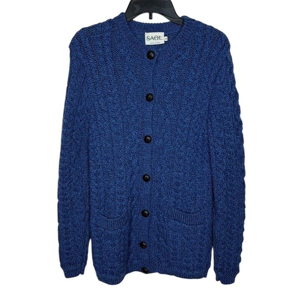 Saol Ireland 100% Merino Wool Button Front Cable Knit Cardigan Women's Size L